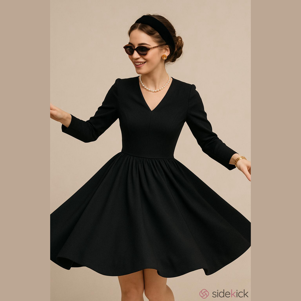 90's Vintage EXPO Black Fit and Flare Minimalist Cottagecore Gothic Midi Dress